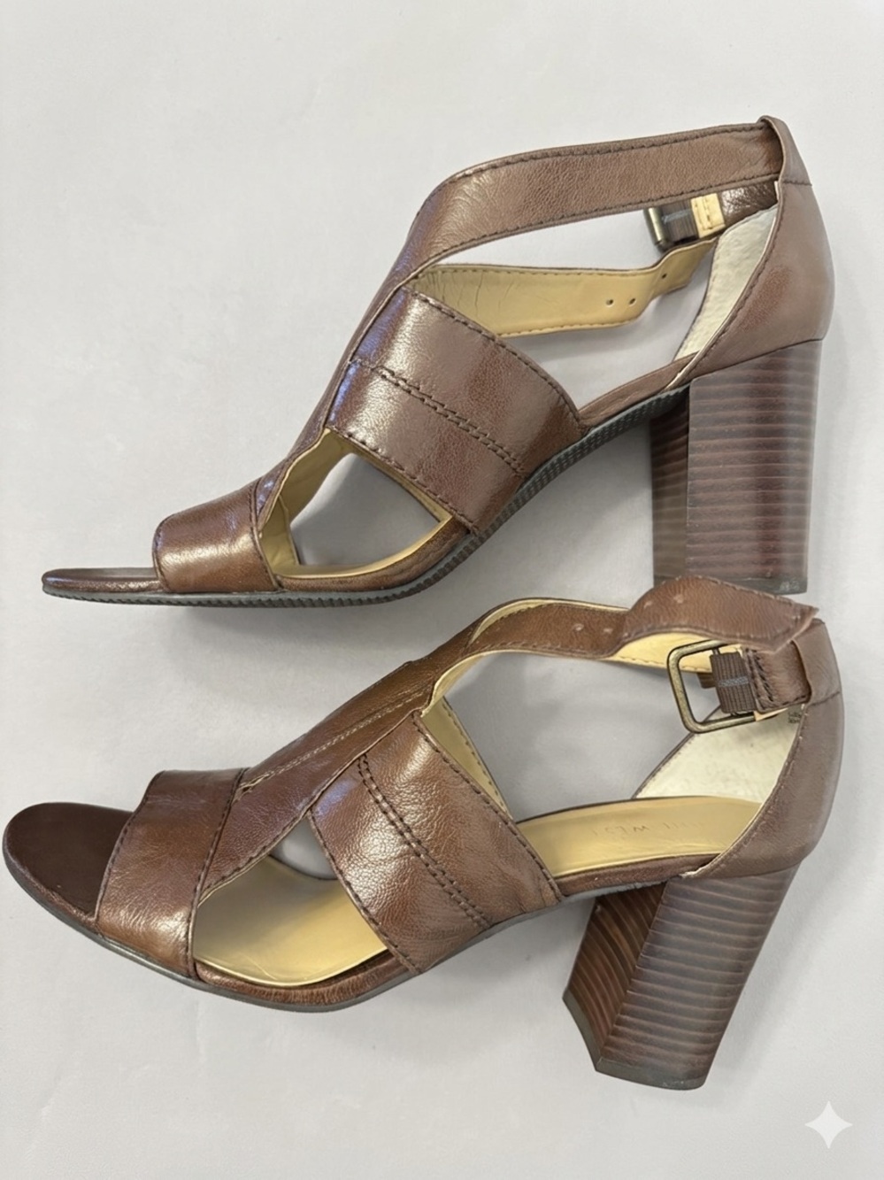 Nine West Lilanao Brown Leather Strappy Block Heel Sandals Size 9